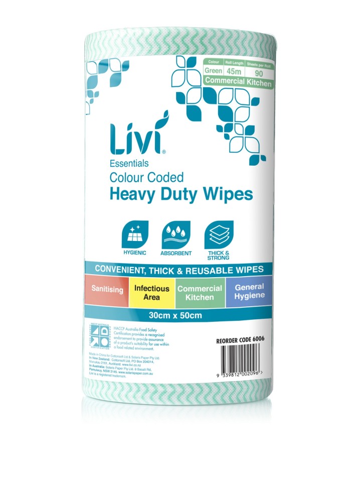 Livi Colour-Coded Commercial Wipes Green 70gsm 90 Sheets per Roll 6006 Pack of 4
