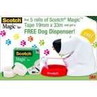Scotch Magic Tape 19mm X 33m Pack 5 With Bonus Dog Dispenser image