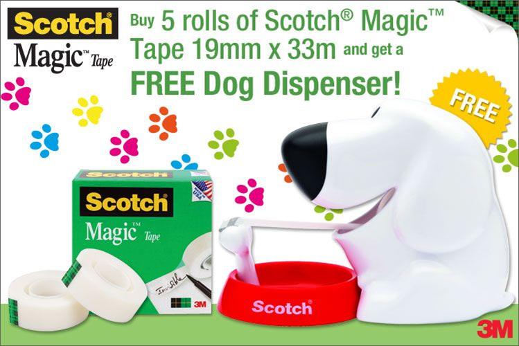 Scotch Magic Tape 19mm X 33m Pack 5 With Bonus Dog Dispenser
