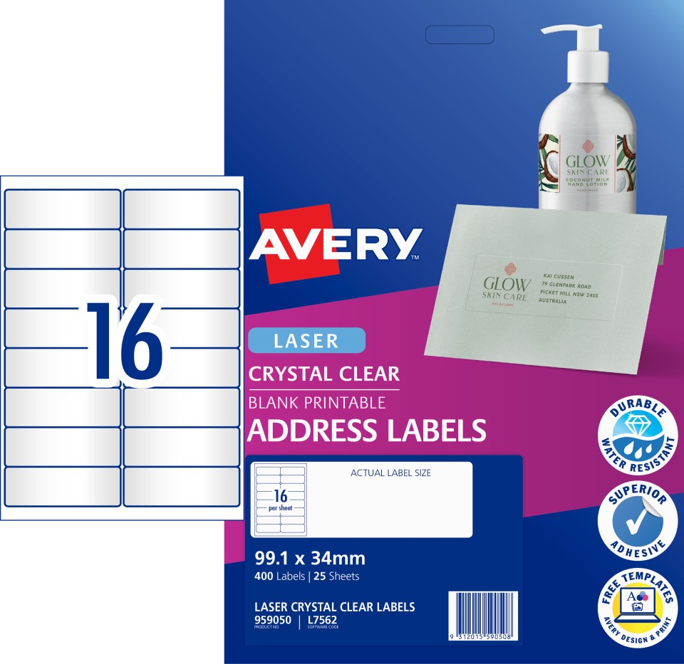 Avery Crystal Clear Address Labels Laser Printers, 99.1 x 34 mm, 400 Labels (959050 / L7562)