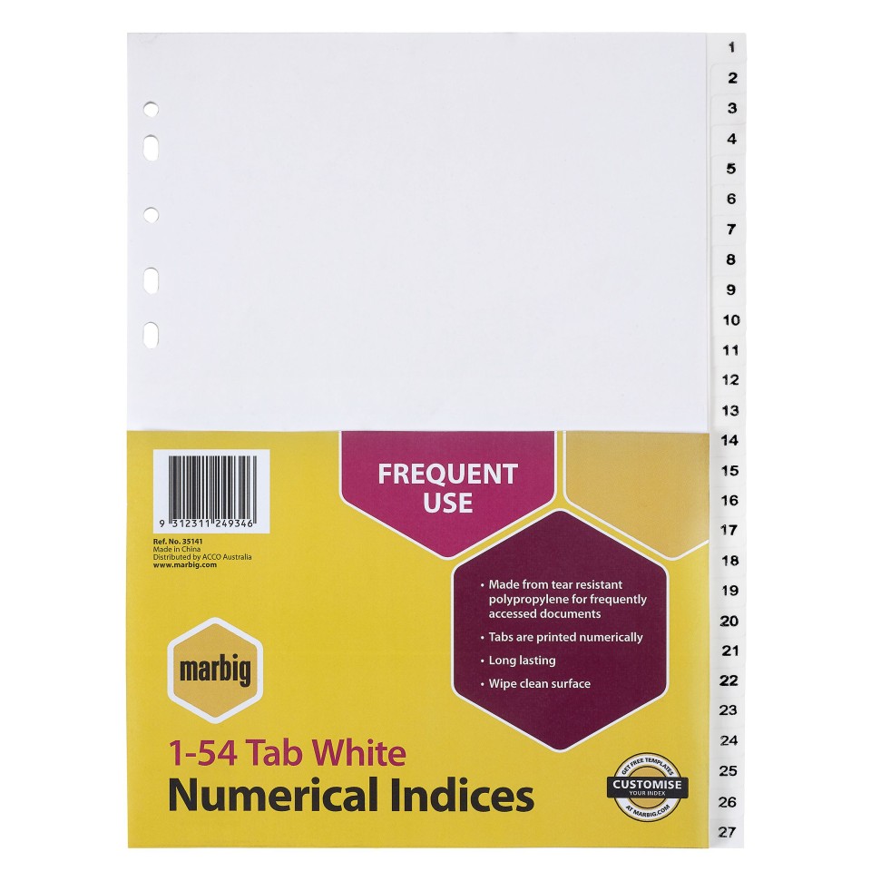 Marbig Indices Plastic 1-54 Tab A4 White