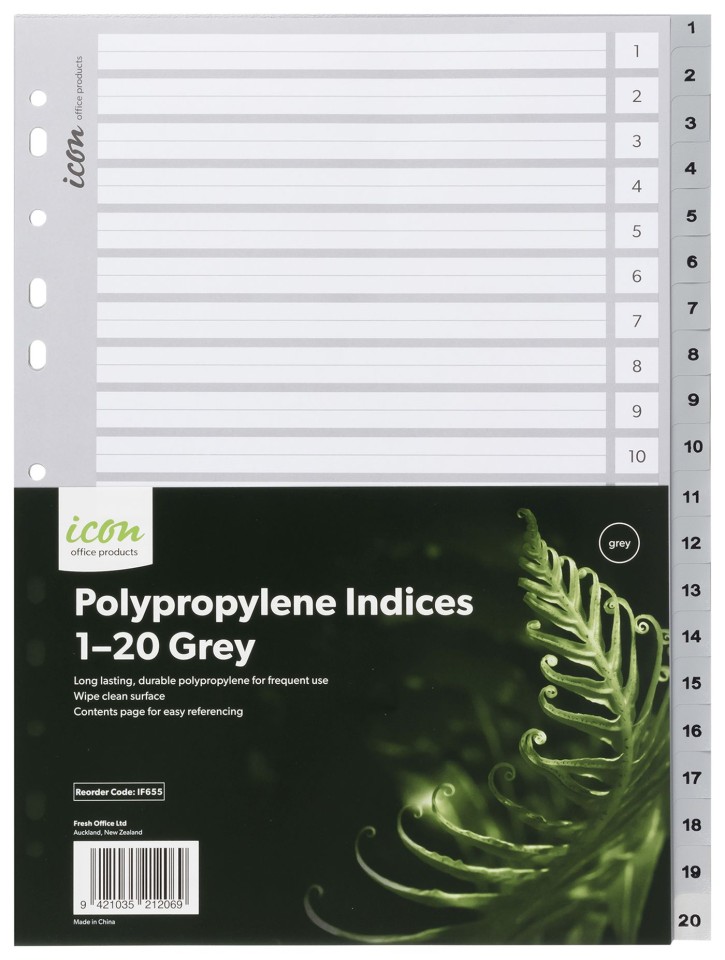 Icon Indices Polypropylene Tabs 1-20 A4 Grey