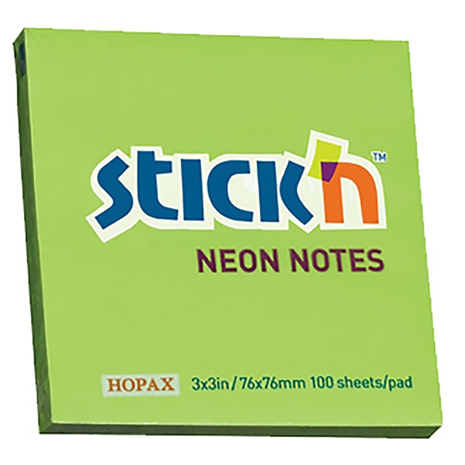 Stick'n Self Adhesive Notes 76 x 76mm Neon Green 100 Sheet