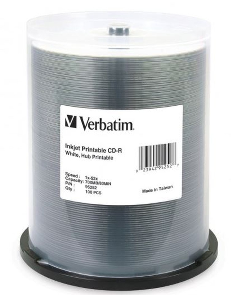 Verbatim CD-R Inkjet Printable 52x 80Min Spindle White 100Pk