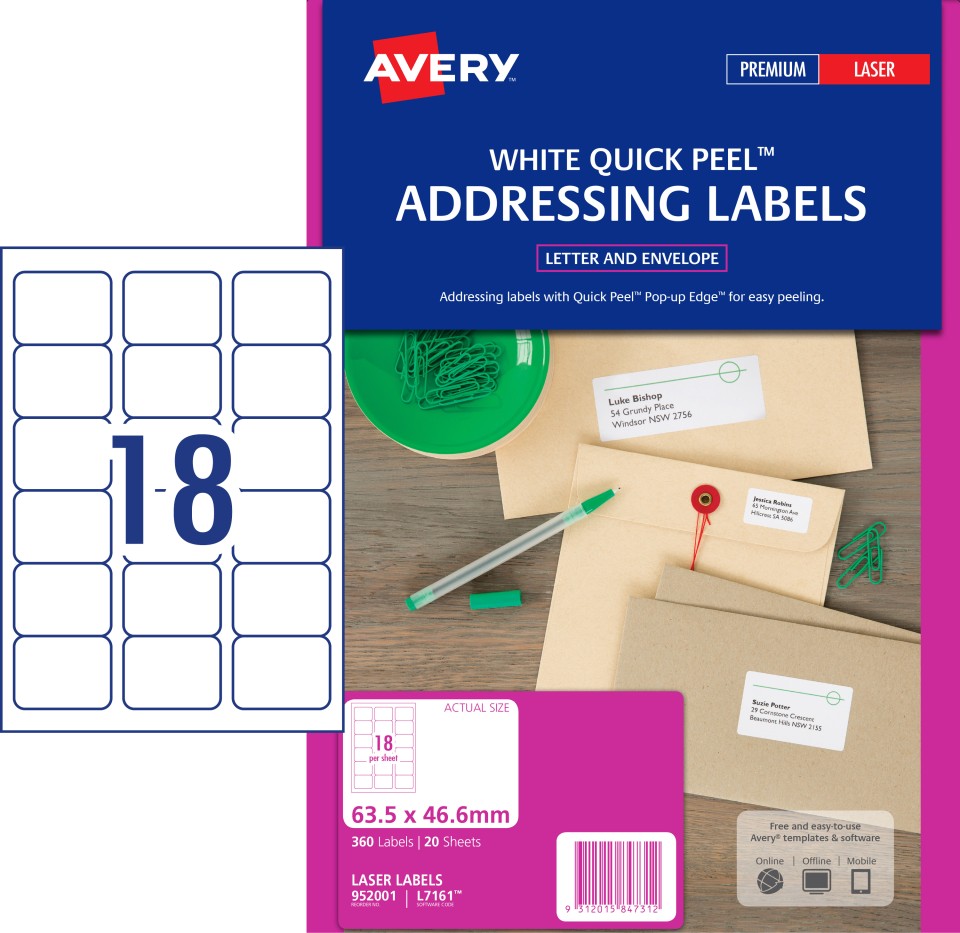Avery Address Labels Sure Feed Laser Printer 952001/L7161 63.5x46.6mm 18 Per Sheet Pack 360 Labels