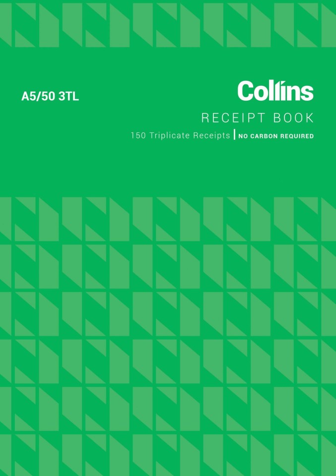 Collins Cash Receipt Book No Carbon Required A5/50/3TL 50 Triplicate