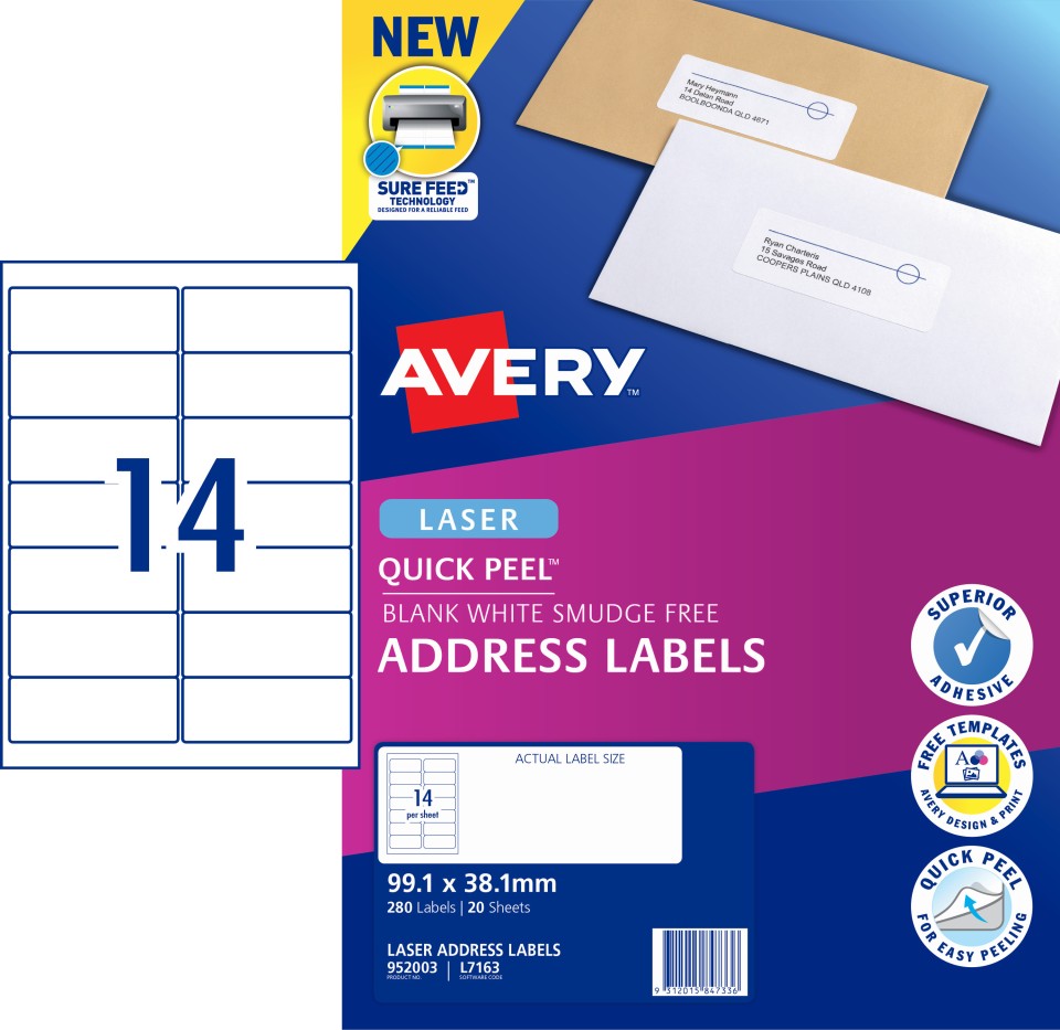 Avery Address Labels Sure Feed Laser Printer 952003/L7163 99.1x38.1mm 14 Per Sheet Pack 280 Labels
