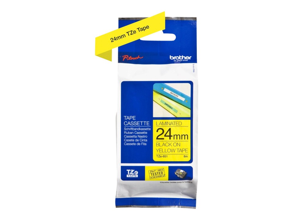 Brother TZe-651 P-Touch Laminated Labelling Tape Black On Yellow 24mmx8m