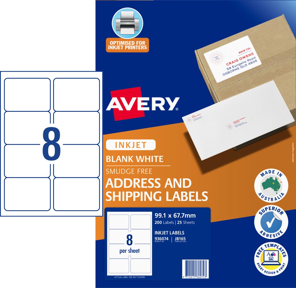 Avery Shipping Labels Inkjet Printers 99.1 X 67.7mm Pack 200 Labels (936074)