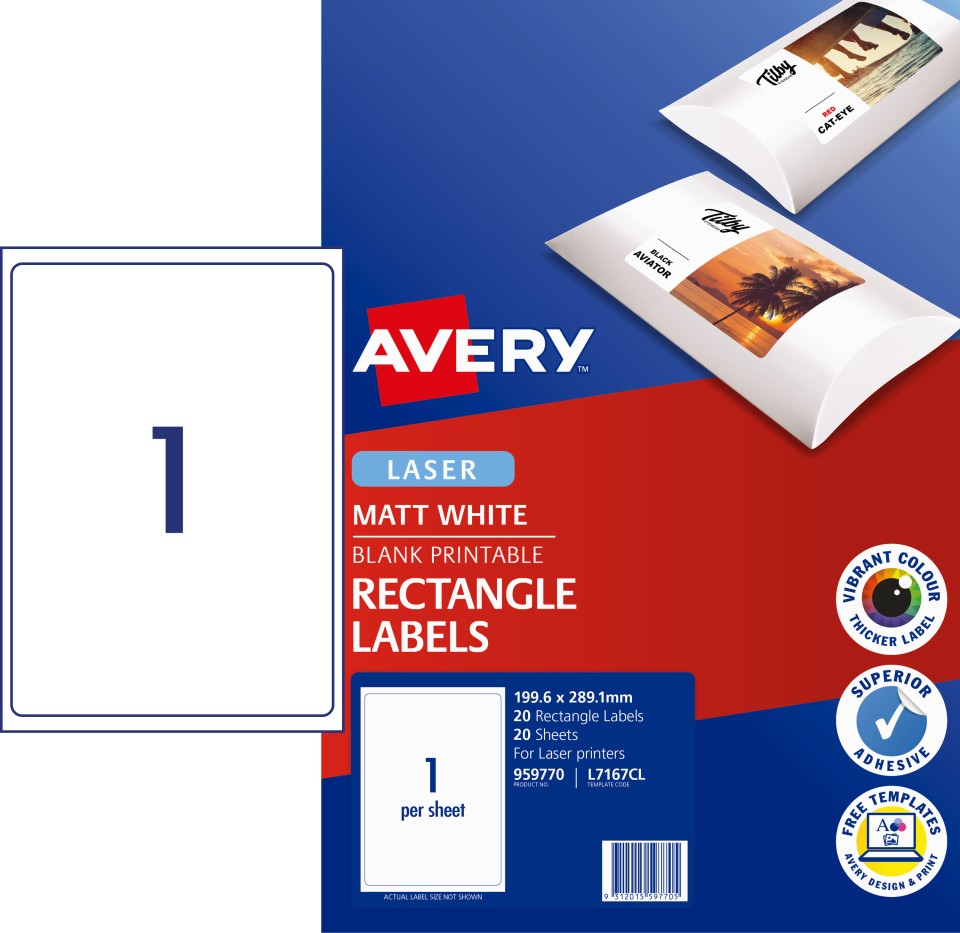 Avery Matt Multi-Purpose Labels Laser Print 199.6 x 289.1mm 20 Labels (959770 / L7167CL)