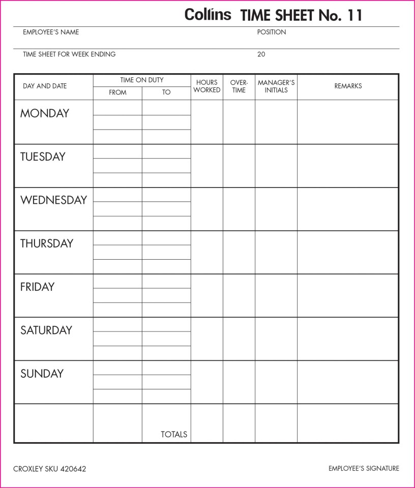 Collins Wage Time Sheet Book No.11 187x220mm 100 Leaf
