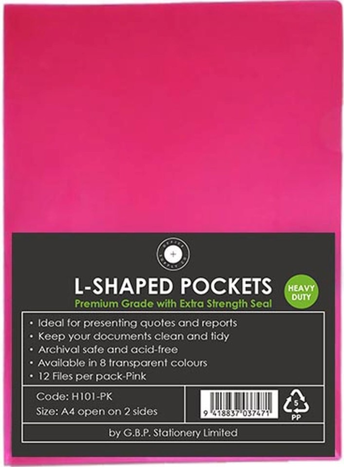 OSC L Shaped Pockets Heavy Duty A4 Pink Pack 12