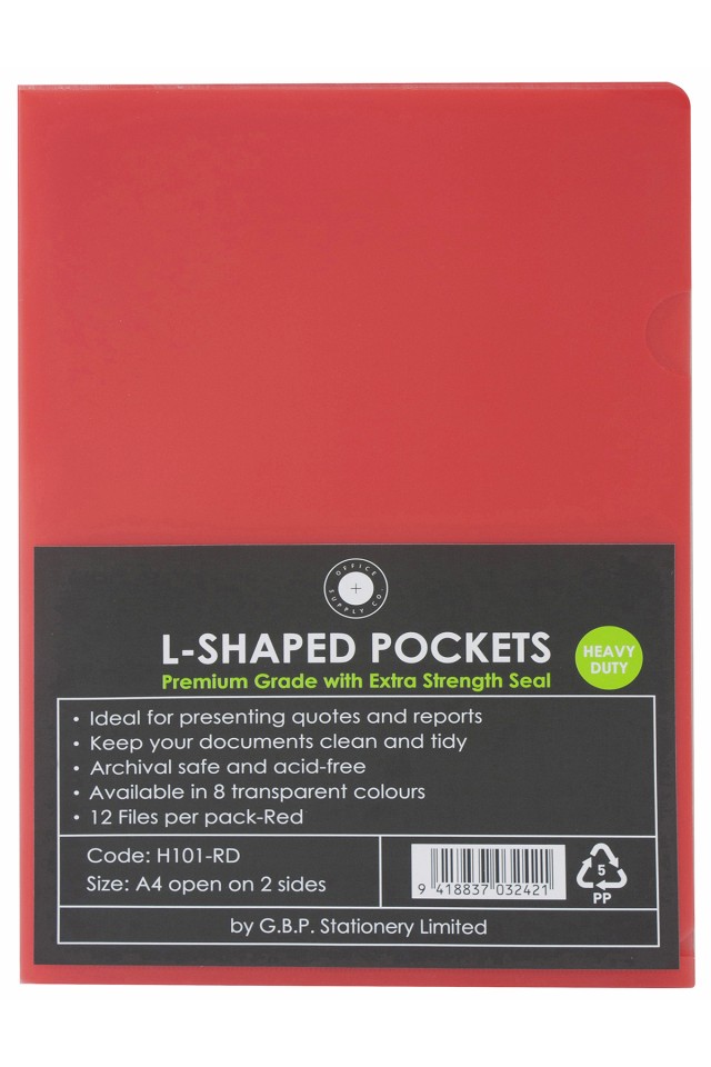 Esselte L Shaped Pockets Heavy Duty A4 170 Micron Red Pack 12