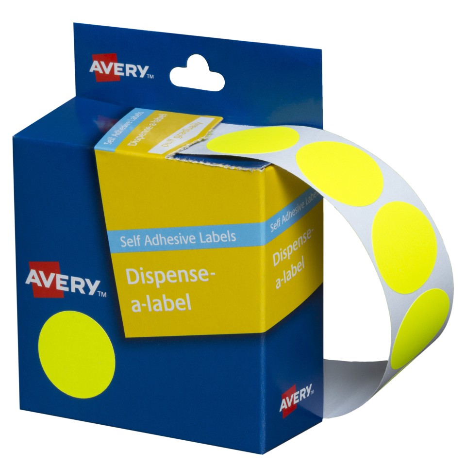 Avery Dot Stickers Dispenser 937295 24mm Diameter Fluoro Yellow Pack 350