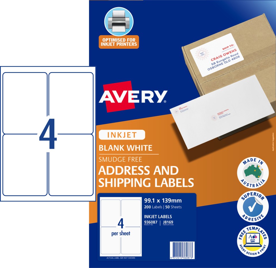 Avery Shipping Labels Inkjet Printers 99.1x139mm 200 Labels 936087