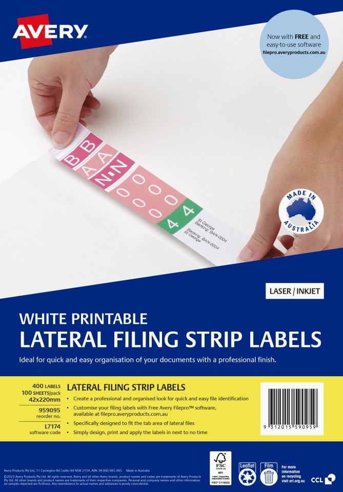 Avery Laser Printer Lateral Filing Labels 959095 42 x 220mm 400 Labels