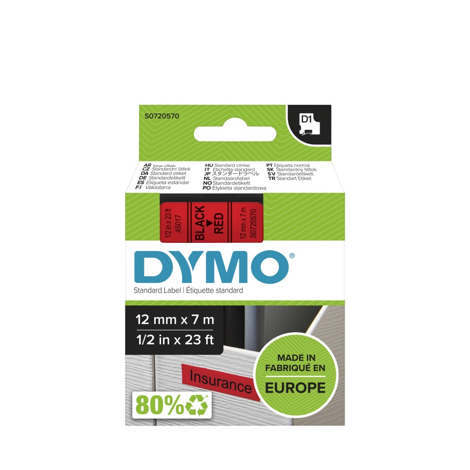 Dymo D1 Labelling Tape 12mmx7m Black On Red
