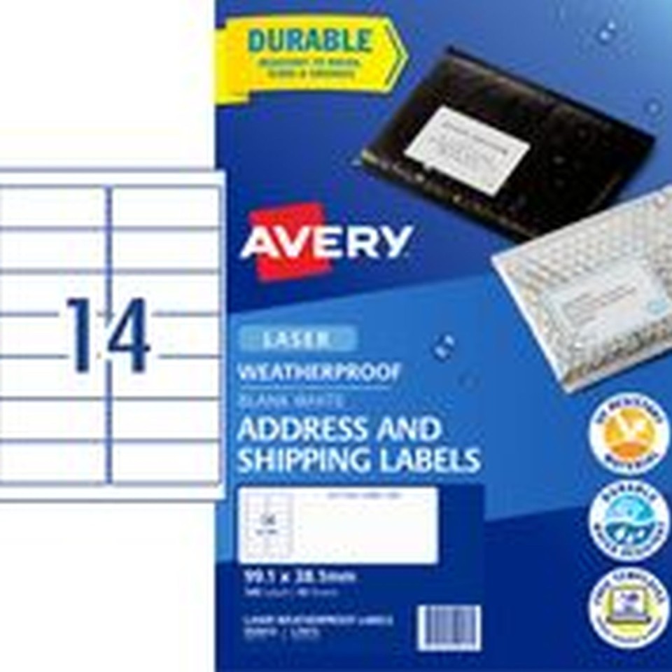 Avery Weatherproof Address Labels Laser Printers 99.1 X 38.1mm Pack 140 Labels  (959413 / L7073)