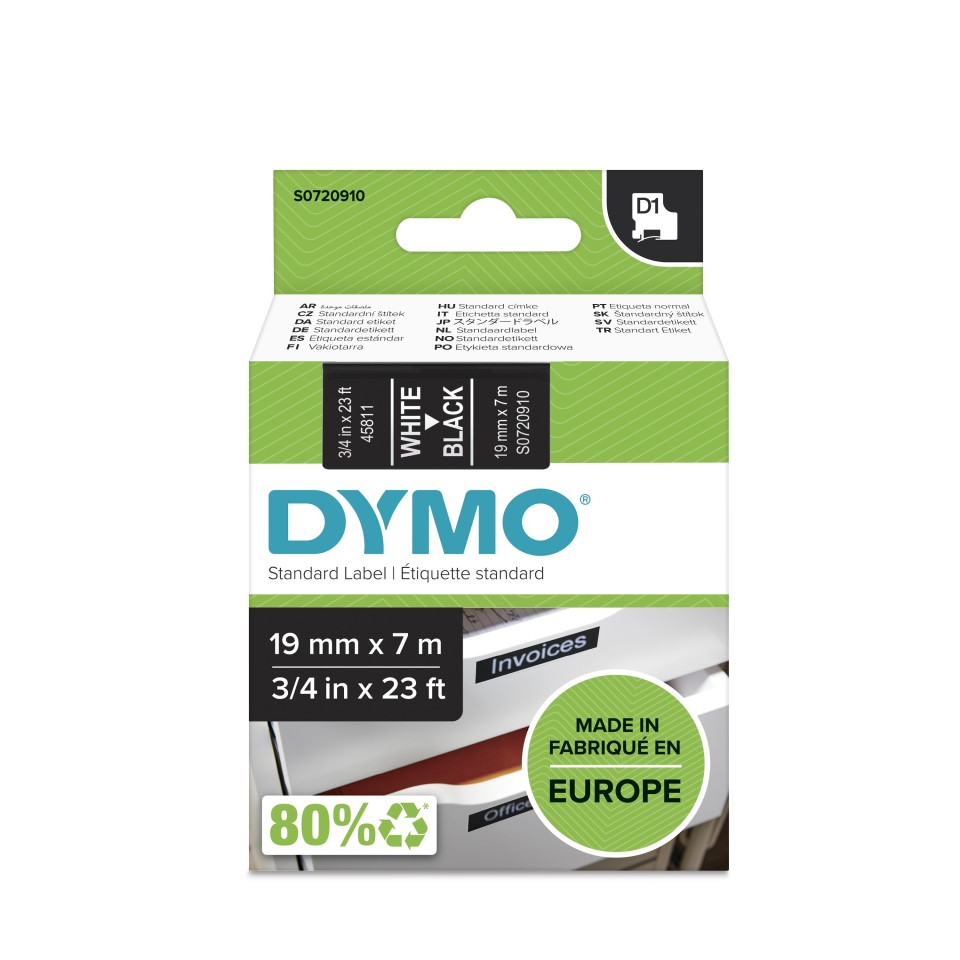 Dymo D1 Labelling Tape 19mmx7m White On Black