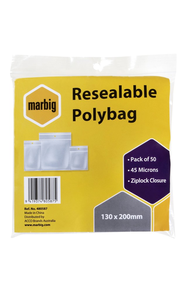 Marbig Resealable Polybag Ziplock Closure 130x200mm 45 micron Pack 50