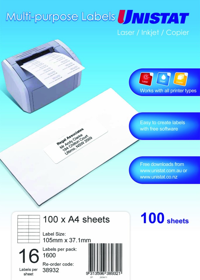 Unistat 38932 Labels 105X37mm White 16 Sheets Pack 100