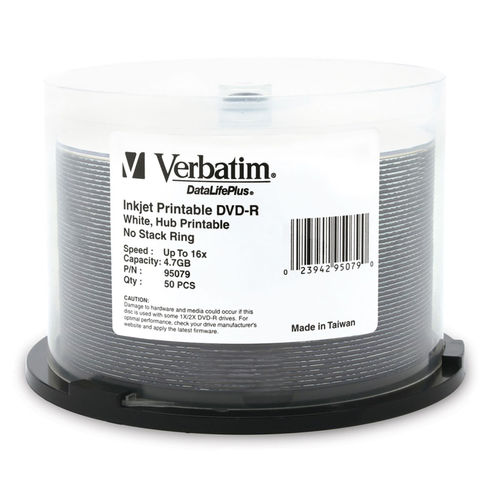 Verbatim DataLifePlus Inkjet Printable DVD-R 4.7 GB White Spindle 50Pk